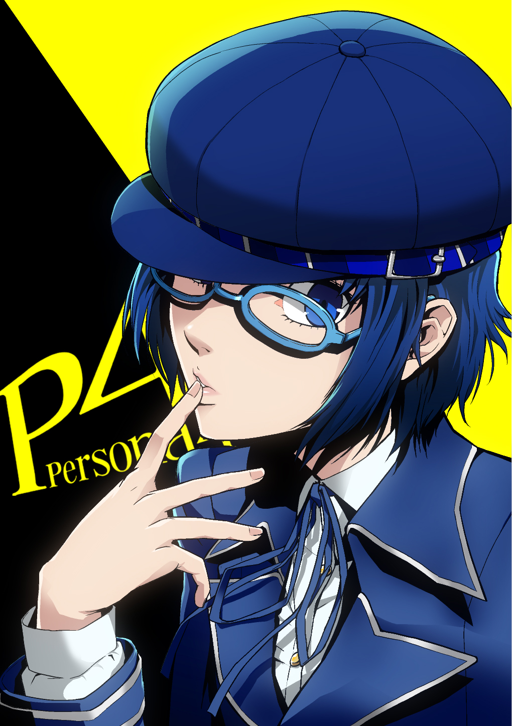 1girl, androgynous, bespectacled, blue-framed_eyewear, blue_coat, blue_eyes, blue_hair, blue_hat