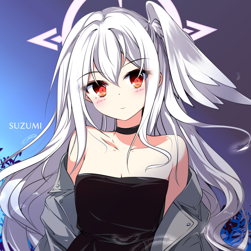 1girl, alternate_costume, bare_shoulders, black_choker, black_dress, blue_archive, breasts, choker, coat, dress, furisuku_(gerbera), grey_coat, hair_between_eyes, halo, head_wings, highres, long_hair, looking_at_viewer, pink_halo, red_eyes, small_breasts, solo, strapless, strapless_dress, suzumi_(blue_archive), white_hair, white_wings, wings