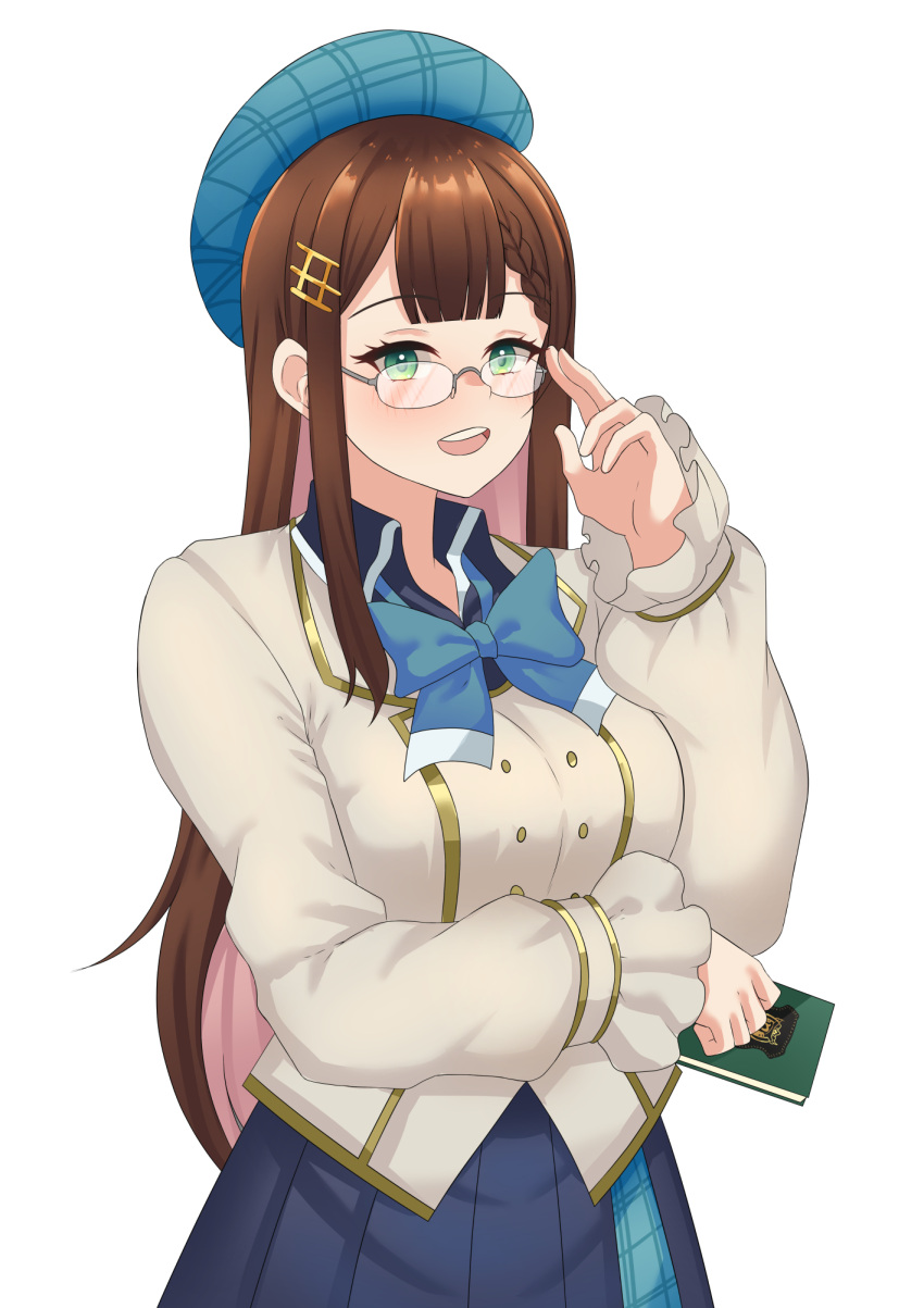 1girl, :d, beret, blazer, blue_bow, blue_bowtie, blue_hat, blue_shirt