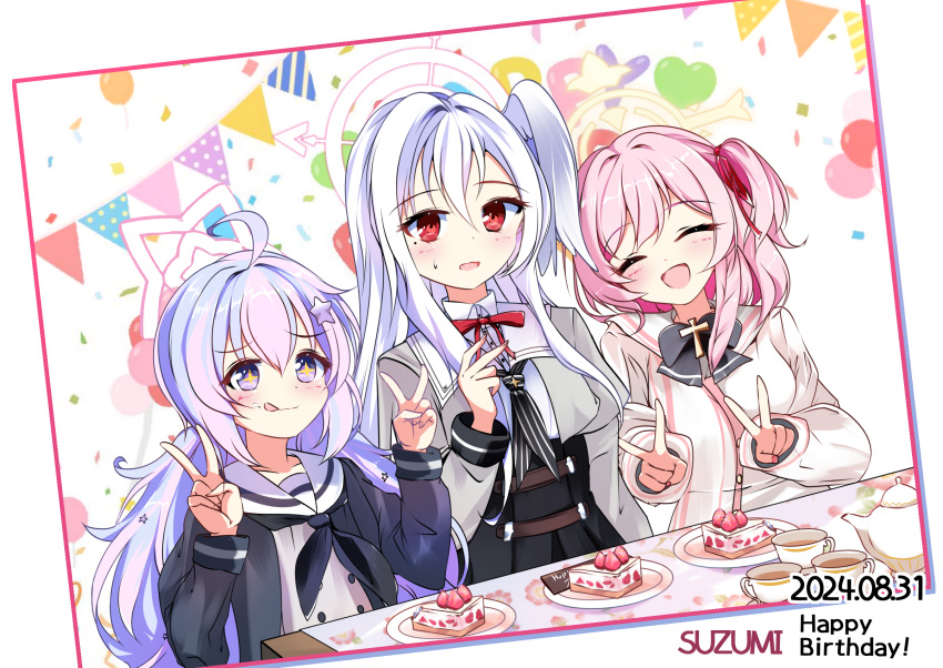 3girls, blue_archive, closed_eyes, double_v, furisuku_(gerbera), highres, looking_at_viewer, multicolored_hair