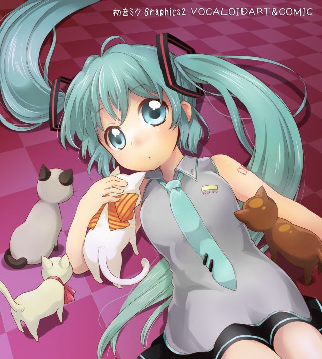 aqua_hair, bow, cat, checkered, checkered_floor, hatsune_miku, long_hair, lying