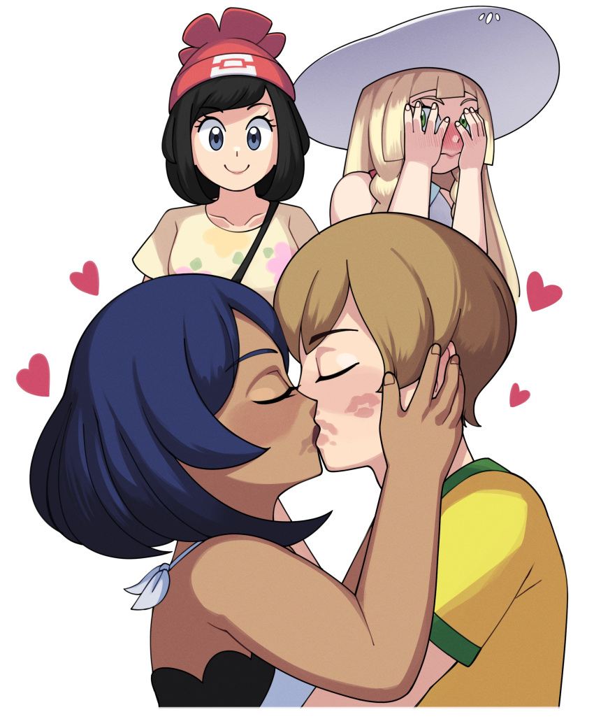 1boy, 3girls, absurdres, black_hair, blonde_hair, blush, closed_eyes, collarbone