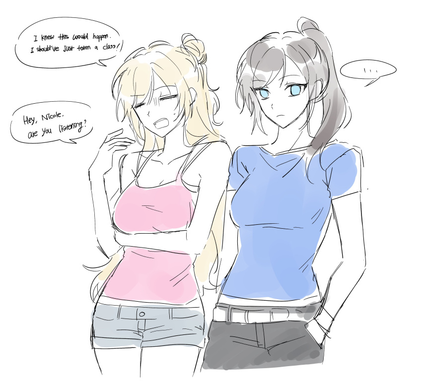 ..., 2girls, absurdres, aqua_shirt, black_pants, blonde_hair, class_of_09, closed_eyes