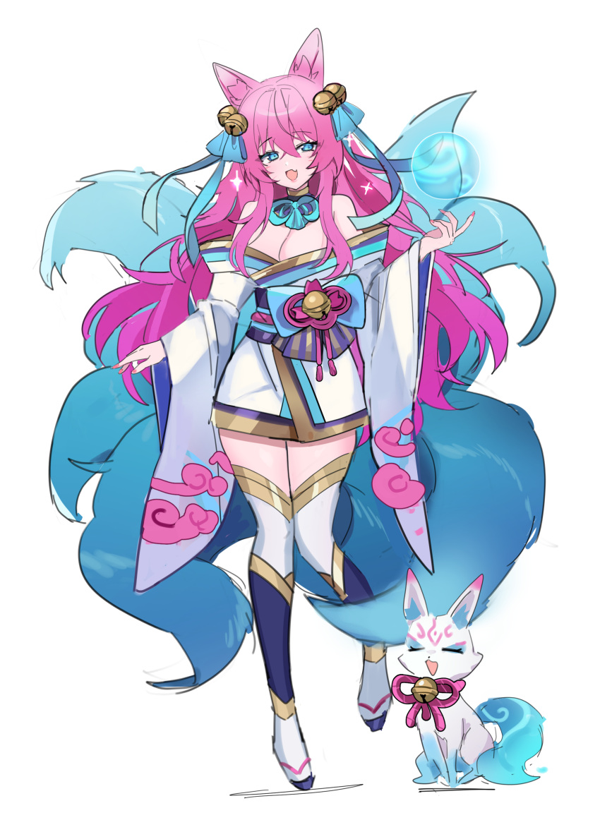 1girl, :d, absurdres, ahri_(league_of_legends), animal_ears, blue_eyes, blue_tail, fang