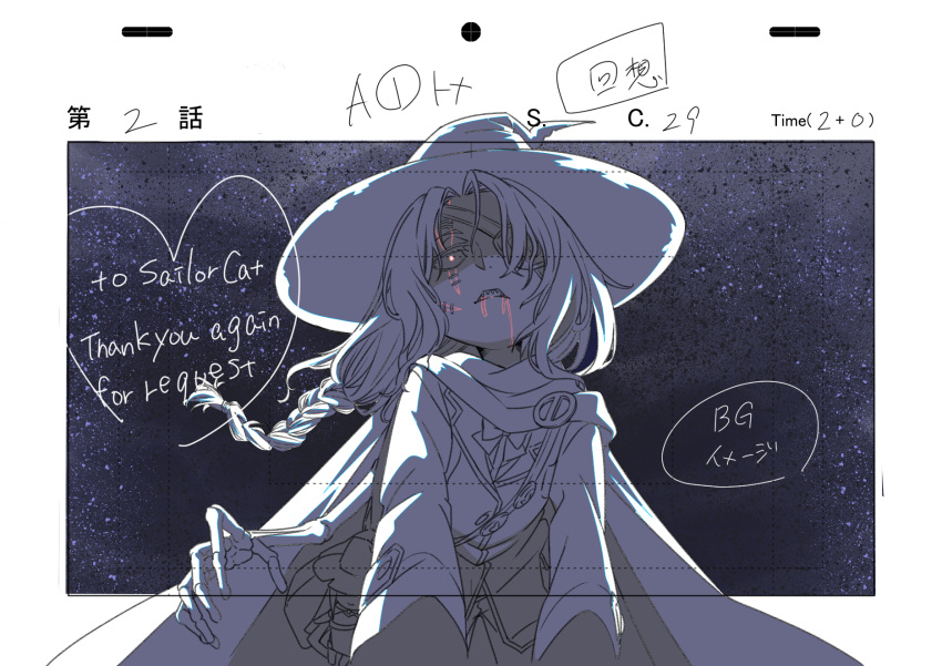 bone, bow, bowtie, braid, cartoon_bone, colored_skin, commission, commissioner_upload, eyepatch, grey_hair, grey_skin, hair_over_one_eye, hat, highres, jacket, key_frame, long_sleeves, monster_girl, necromancer, non-web_source, original, pointy_ears, puffy_long_sleeves, puffy_sleeves, sansai013, single_braid, skeb_commission, skeletal_arm, skeletal_hand, stitched_face, stitches, undead, valkrana, witch_hat, wizard