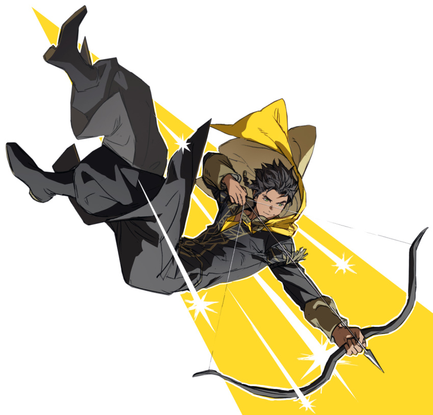 1boy, aiming, arrow_(projectile), black_footwear, black_pants, bow_(weapon), braid, brown_hair