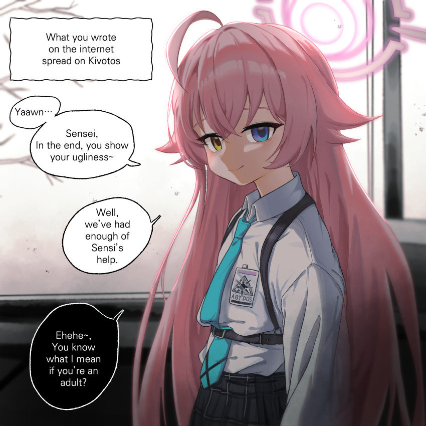1girl, blue_archive, blue_eyes, blue_necktie, checkered_clothes, checkered_skirt, empty_eyes, english_text, grey_skirt, hair_between_eyes, halo, harness, heterochromia, highres, hoshino_(blue_archive), long_hair, looking_at_viewer, necktie, pink_hair, pink_halo, shirt, skirt, solo, speech_bubble, white_shirt, yellow_eyes, yongkak
