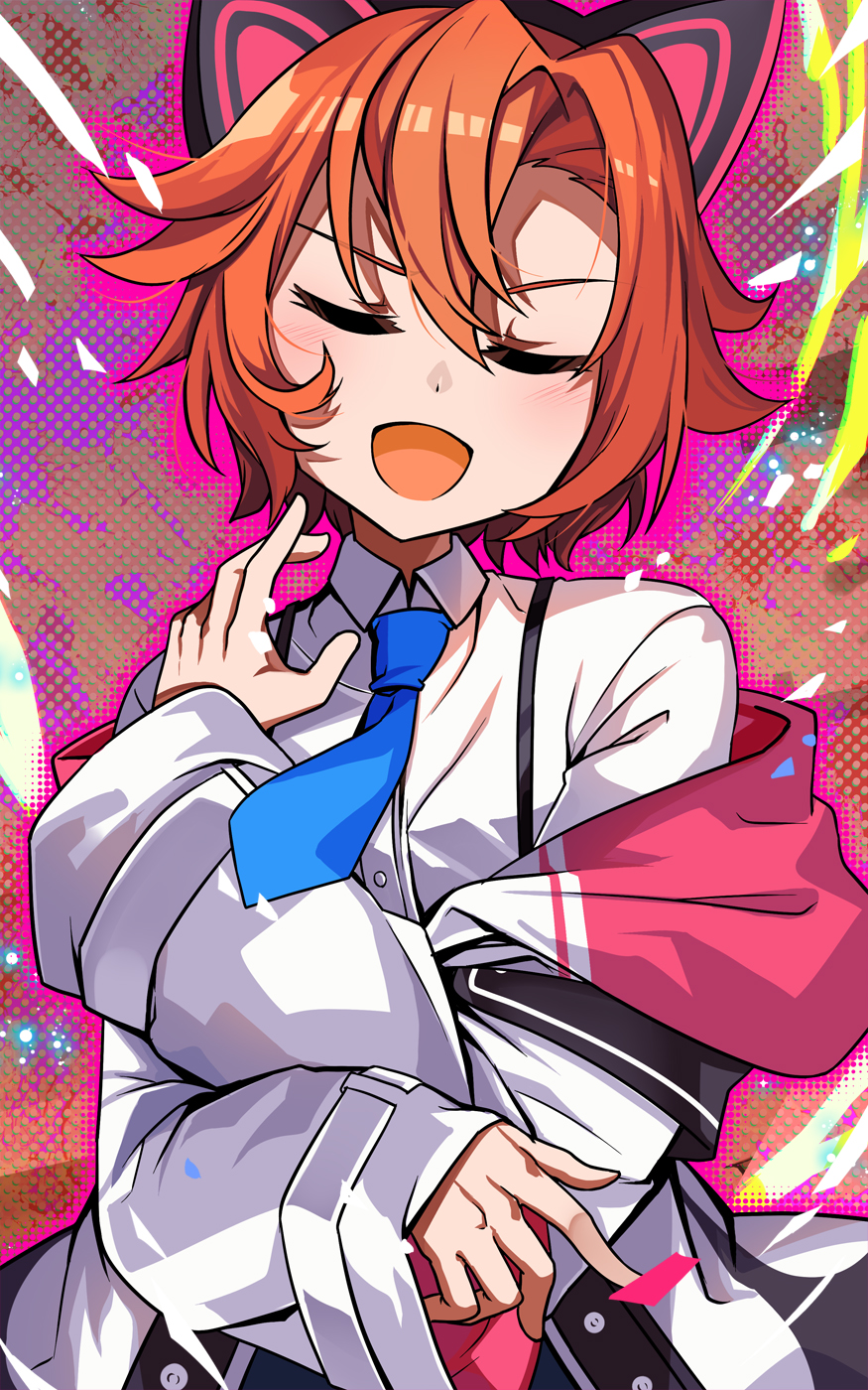 1girl, animal_ear_headphones, animal_ears, blue_archive, blue_necktie, cat_ear_headphones, closed_eyes, coat