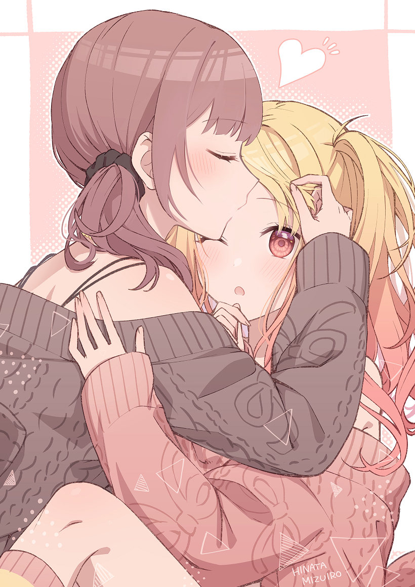 2girls, blonde_hair, blush, brown_hair, closed_eyes, hinata_mizuiro, hug, kiss