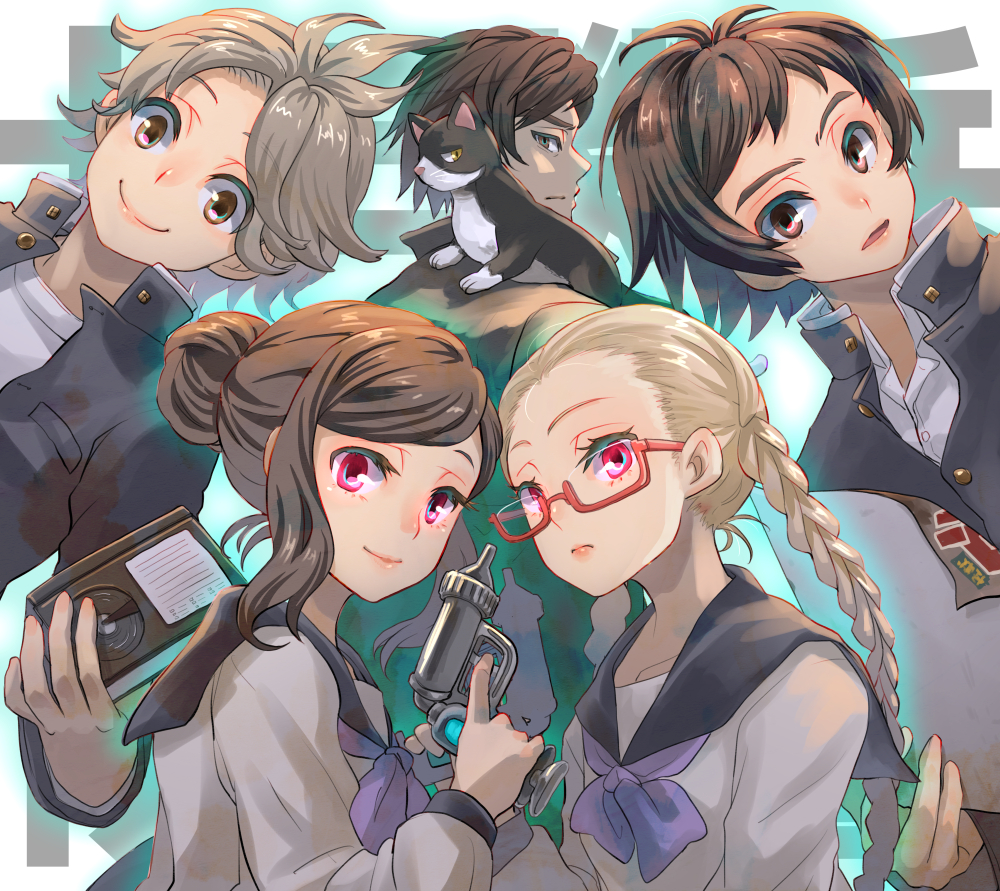 black_cat, braid, brown_eyes, brown_hair, cat, collared_shirt, gakuran, glasses