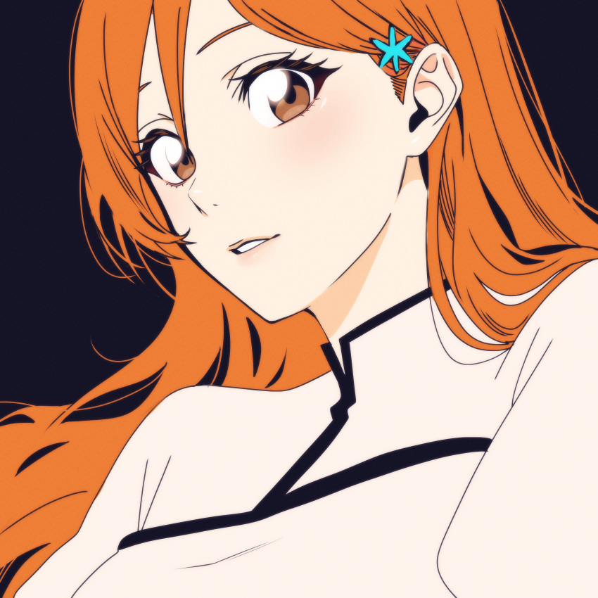 1girl, absurdres, black_background, bleach, blush, brown_eyes, brown_hair, close-up