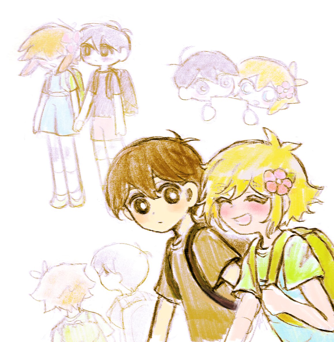 2boys, backpack, bag, basil_(faraway)_(omori), basil_(omori), black_eyes, black_hair, blonde_hair