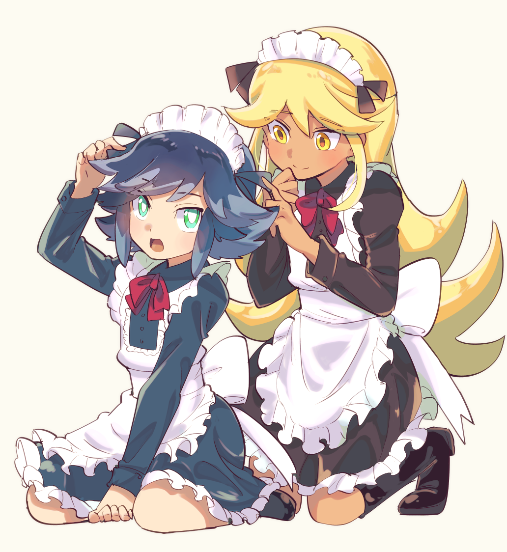 1boy, 1girl, adjusting_clothes, adjusting_headwear, alternate_costume, alternate_hairstyle, androgynous, apron