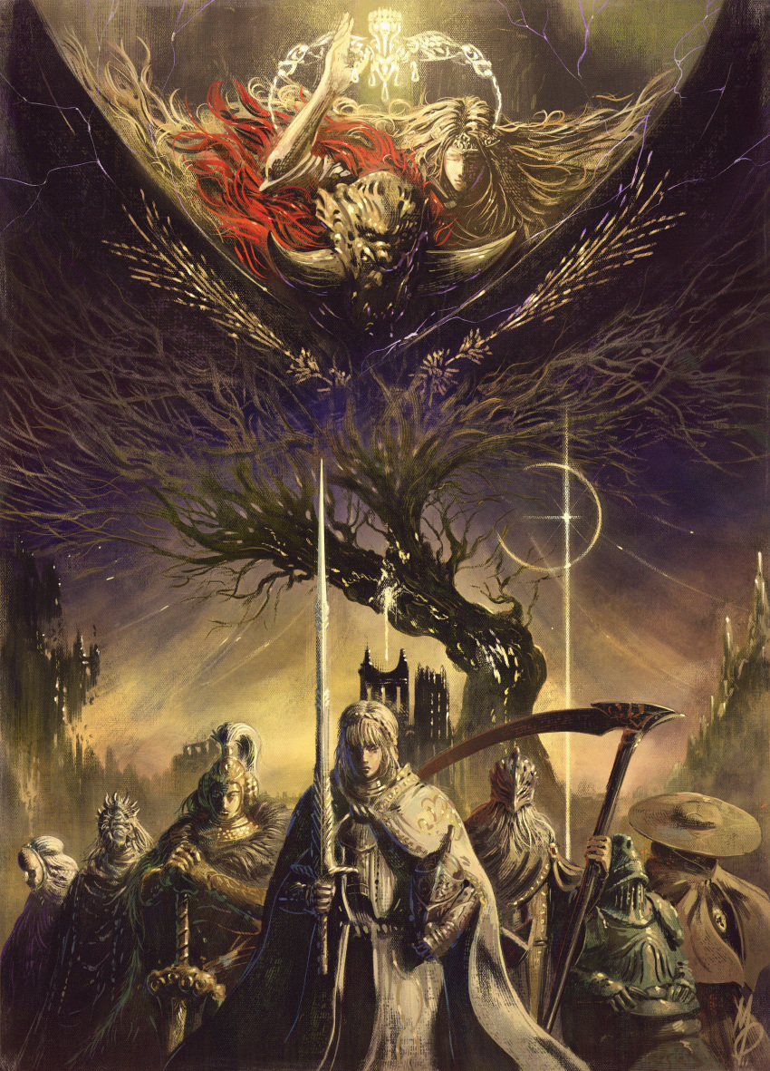 2girls, 6+boys, absurdres, armor, armor_under_clothes, black_robe, circlet, cloak