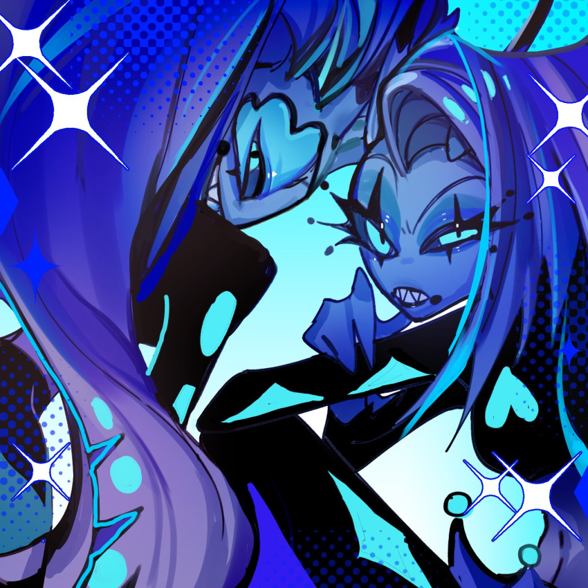 2girls, blue_hair, blue_skin, colored_skin, demon_girl, demon_horns, evil_grin, evil_smile, glam_(helluva_boss), glitz_(helluva_boss), grin, guyu68287625, helluva_boss, highres, horns, long_hair, looking_at_viewer, multiple_girls, ponytail, sharp_teeth, smile, teeth