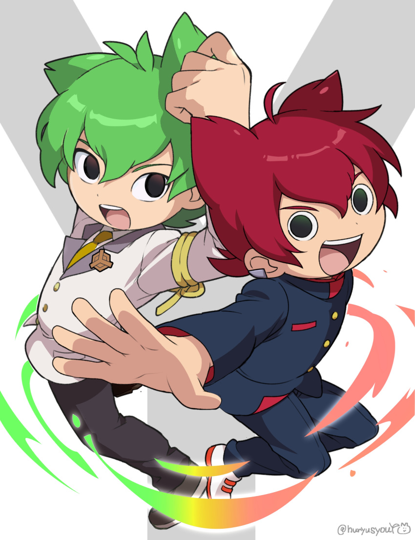 2boys, absurdres, ahoge, antenna_hair, arm_up, armband, artist_name, ashiya_lime