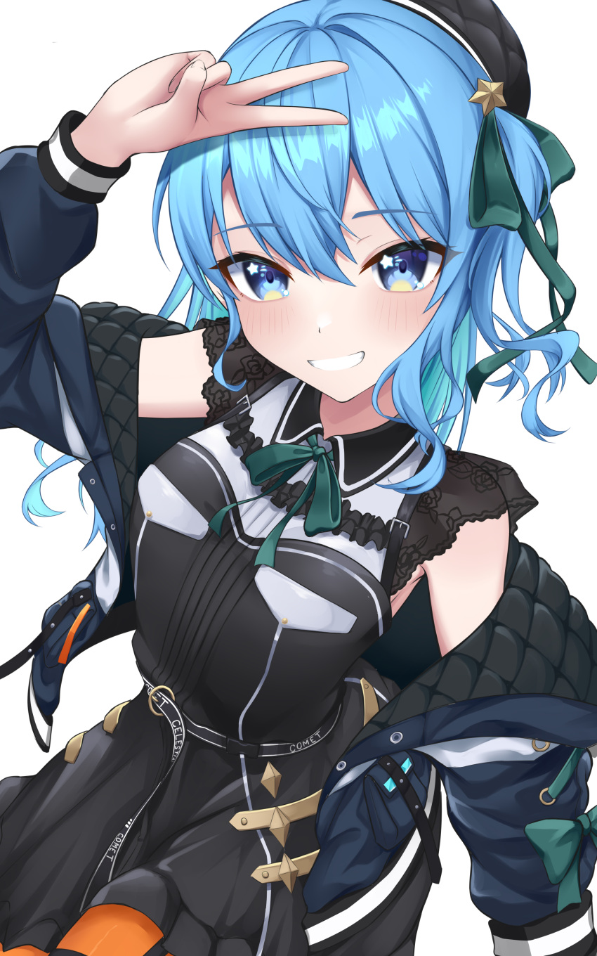 1girl, absurdres, black_hat, black_shirt, black_skirt, blue_eyes, blue_hair, blue_jacket