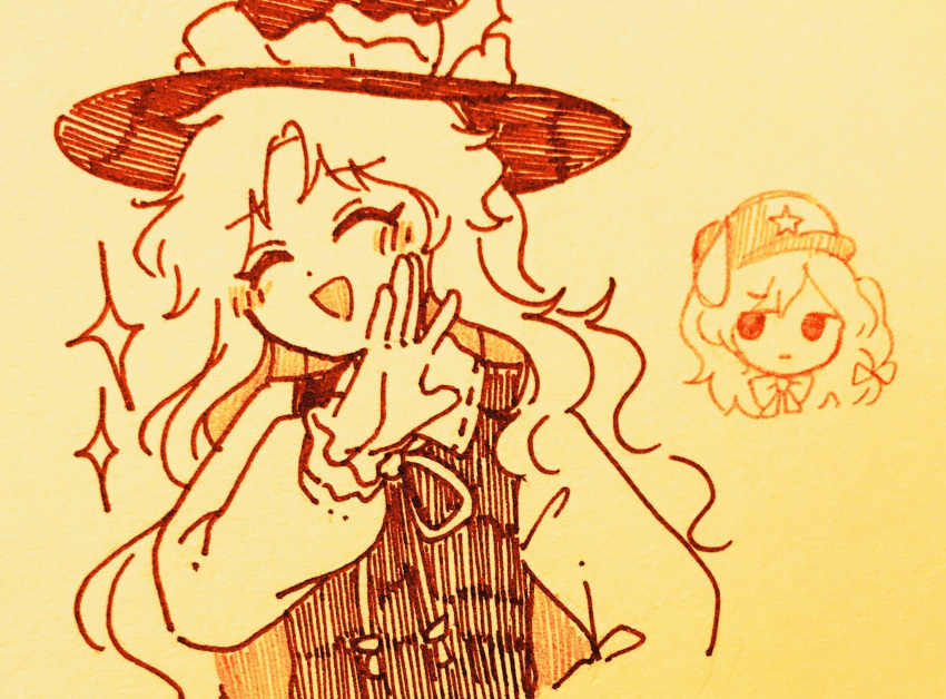 2girls, :d, ^_^, bow, bowtie, cabbie_hat, chibi, closed_eyes