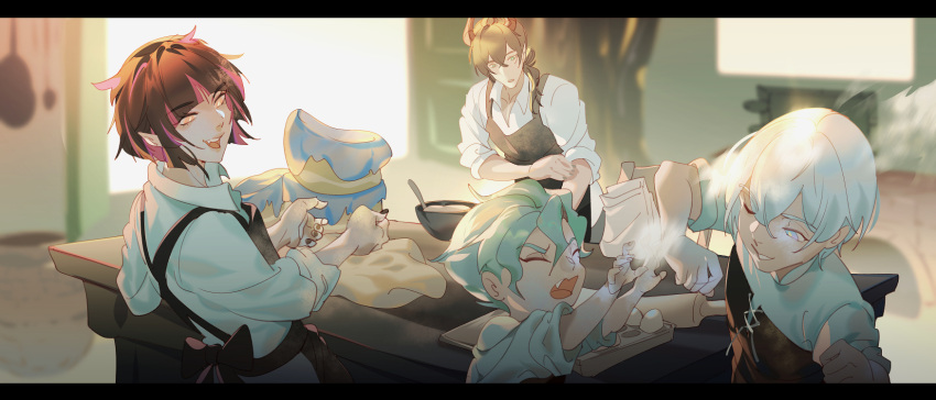 4boys, apron, baking, brown_hair, child, commentary_request, dough, dragon_boy