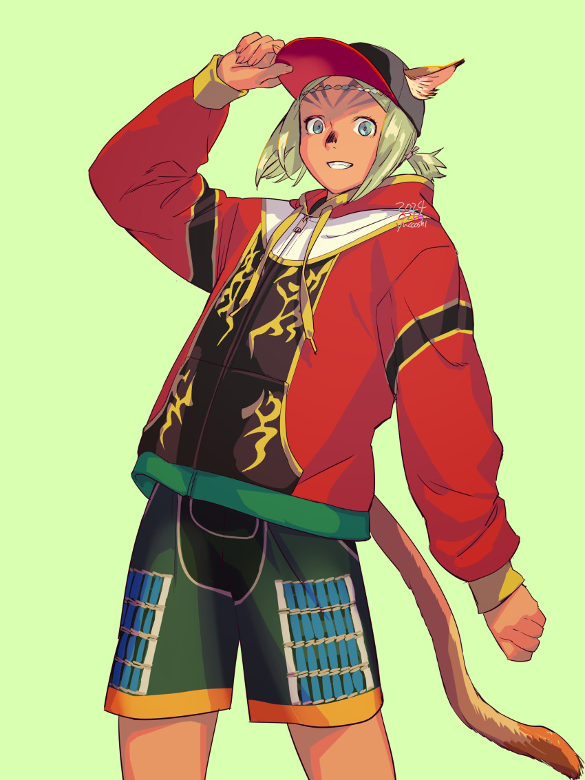 1girl, 2024, absurdres, adventurer_(ff11), animal_ears, artist_name, baseball_cap, blonde_hair, blue_eyes, cat_ears, cat_girl, cat_tail, dark-skinned_female, dark_skin, dated, drawstring, ears_through_headwear, final_fantasy, final_fantasy_xi, green_background, grin, hand_on_headwear, hat, highres, hood, hood_down, hoodie, long_sleeves, looking_at_viewer, mithra_(ff11), no_eyebrows, short_hair, shorts, simple_background, smile, solo, tail, teeth, yuccoshi, zipper_pull_tab