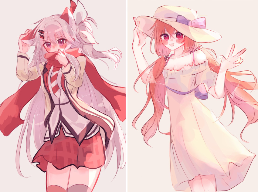 2girls, :d, adjusting_scarf, alternate_costume, animal_ears, back_bow, bare_shoulders, blue_bow