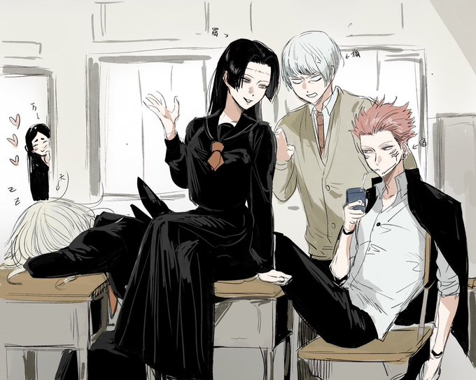2boys, 3girls, black_hair, desk, fallsoki, feet_on_table, genderswap, genderswap_(mtf), jacket, juice_box, jujutsu_kaisen, kenjaku, multiple_boys, multiple_girls, on_desk, open_clothes, open_jacket, pink_hair, ryoumen_sukuna_(jujutsu_kaisen), school_uniform, sleeping, tengen_(jujutsu_kaisen), uraume_(jujutsu_kaisen), white_hair, yorozu_(jujutsu_kaisen)