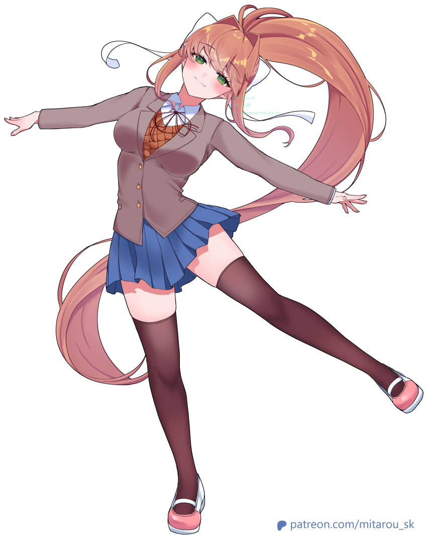 1girl, absurdres, ahoge, blazer, blue_skirt, bow, brown_hair, doki_doki_literature_club