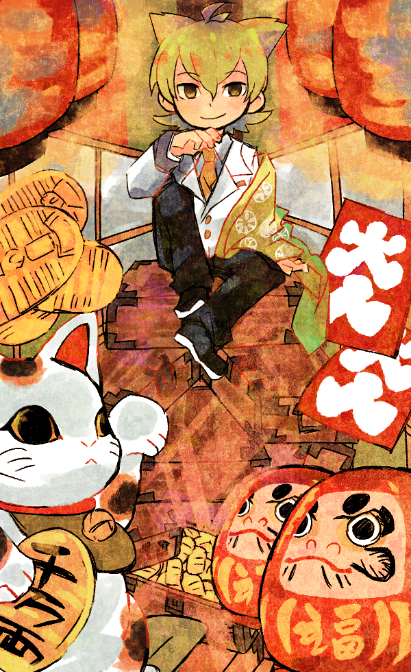 1boy, ashiya_lime, black_footwear, black_pants, closed_mouth, coin, daruma_doll, flipped_hair