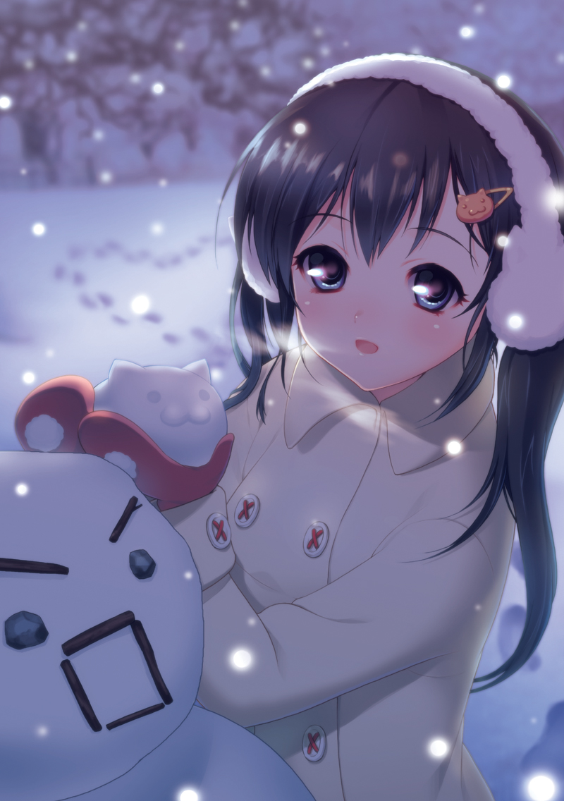 black_hair, coat, earmuffs, hair_ornament, hairclip, hory_makoto, long_hair, mittens