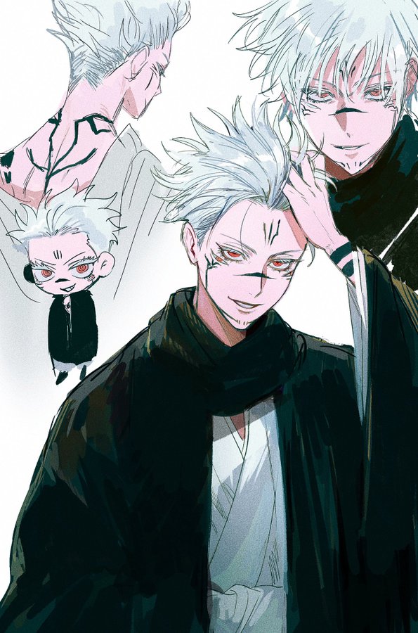 1boy, back_tattoo, black_cloak, cloak, extra_eyes, facial_tattoo, fallsoki, gojou_satoru, jujutsu_kaisen, possessed, red_eyes, robe, ryoumen_sukuna_(jujutsu_kaisen), smile, tattoo, white_hair, white_robe, wrist_tattoo