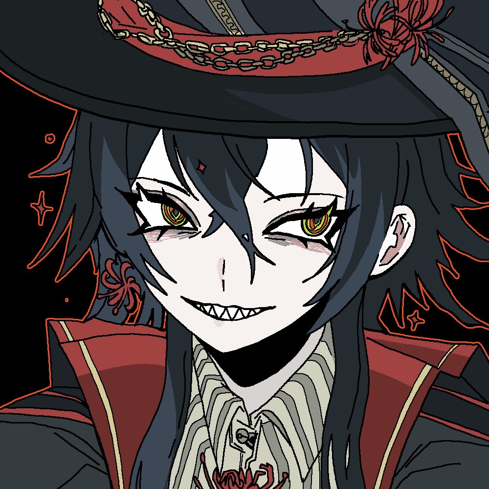 1other, bakui, black_background, black_coat, black_hair, black_hat, borrowed_character, chain