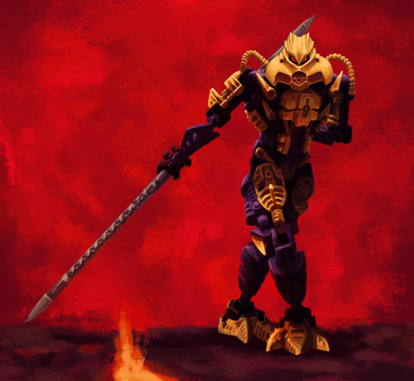 artist_name, bionicle, brutaka_(bionicle), cable, crossed_legs, double-blade, english_commentary, highres, holding, holding_weapon, humanoid_robot, lava, looking_at_viewer, mask, neoruke, red_background, red_eyes, robot, the_lego_group, walking, weapon