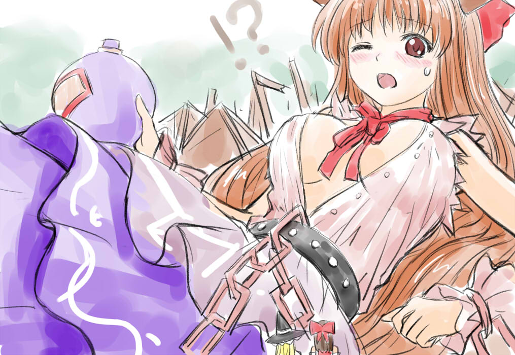 adult, black_hair, blonde_hair, blush, bow, breasts, brown_hair, giantess