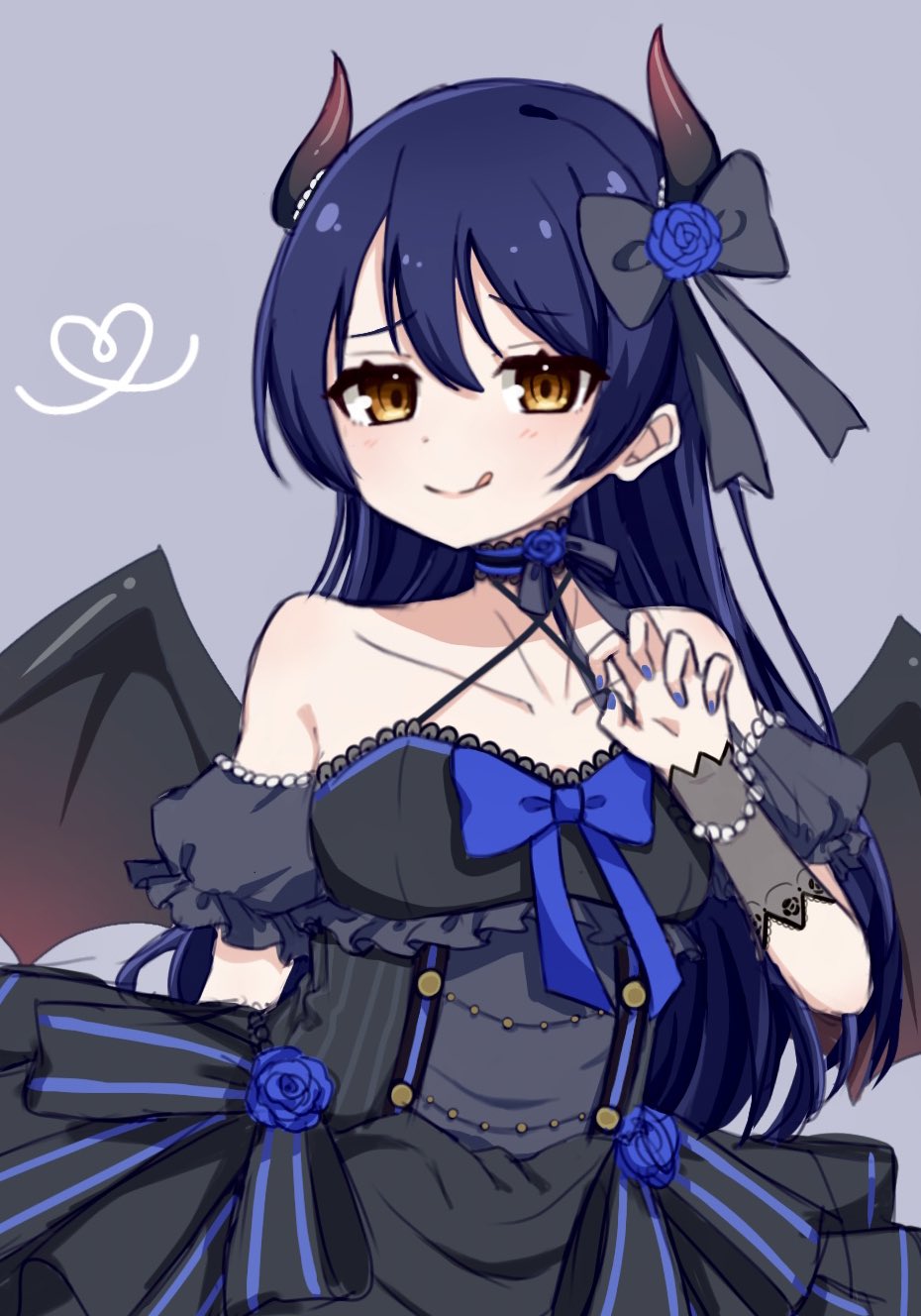 1girl, :p, black_ribbon, blue_flower, blue_nails, blue_ribbon, closed_mouth, collar