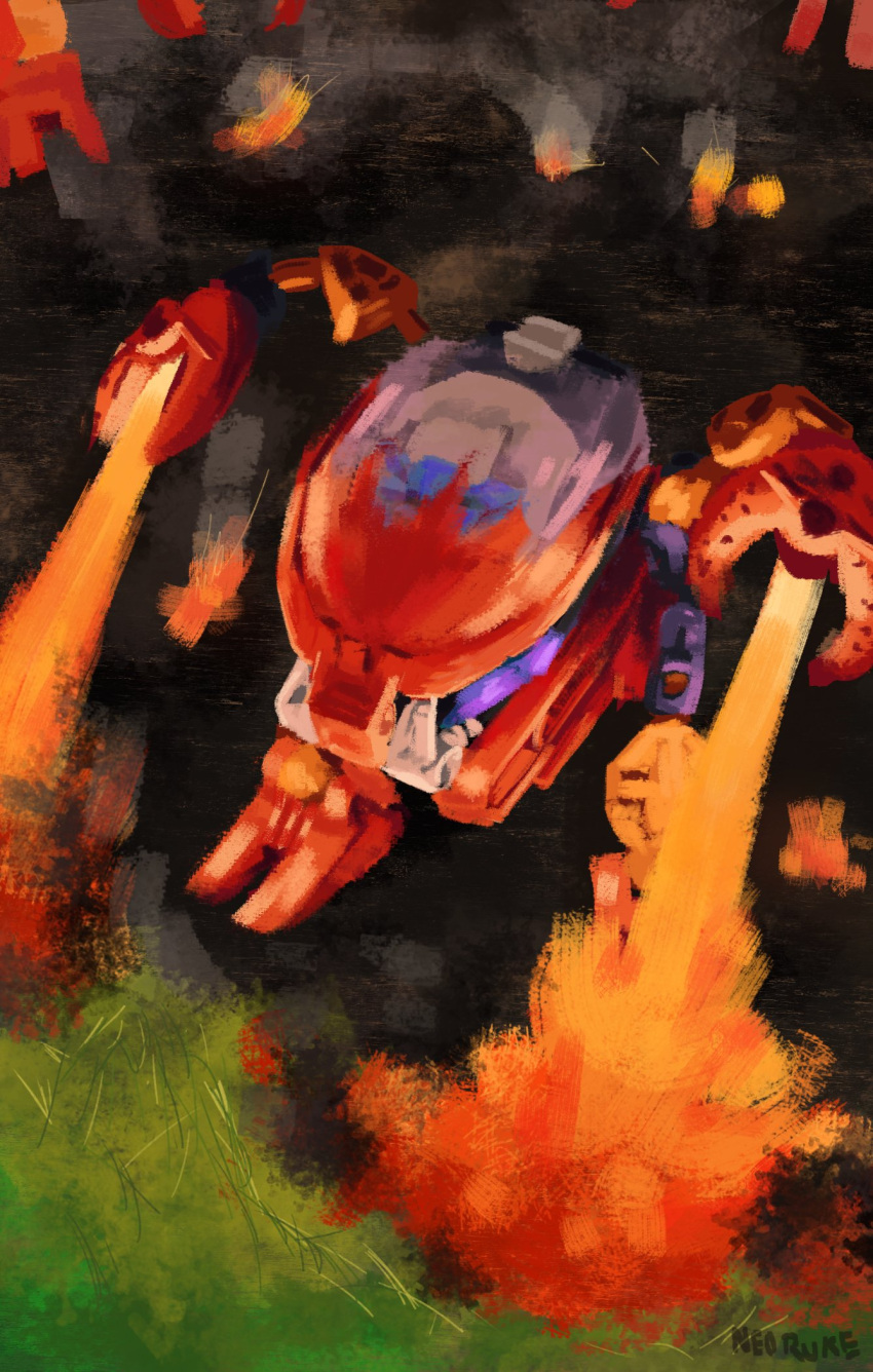 bionicle, bohrok_(bionicle), burning, fire, from_above, grass, highres, neoruke