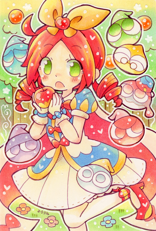 1girl, :o, ahoge, andou_ringo, andou_ringo_(princess), apple_hair_ornament, artistic_error, bad_hands