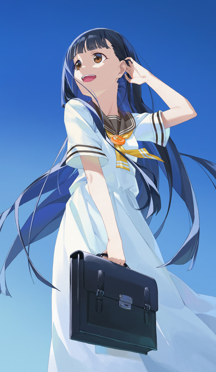 1girl, absurdres, bag, black_hair, blue_background, blue_hair, blunt_bangs, brown_eyes