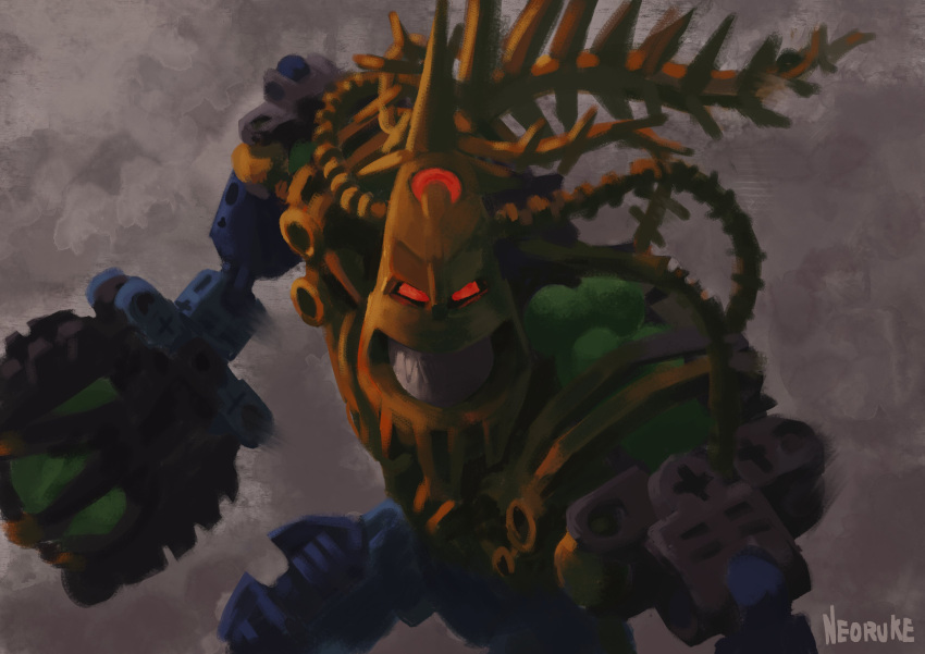 absurdres, artist_name, bionicle, clenched_teeth, english_commentary, glowing, glowing_eyes, highres