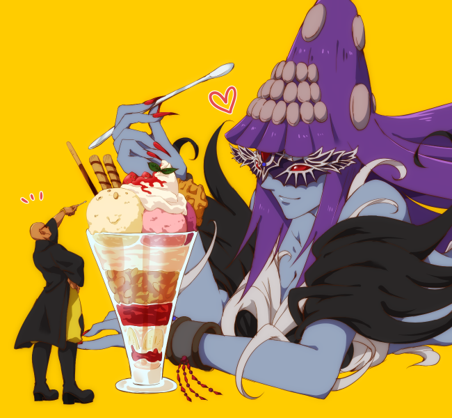 1boy, 1girl, bayonetta_(series), beehive_hairdo, colored_sclera, colored_skin, dark-skinned_male, dark_skin, demon_boy, demon_girl, food, grey_skin, looking_at_another, purple_hair, queen_sheba_(bayonetta), red_sclera, rodin, smile, t_akiko