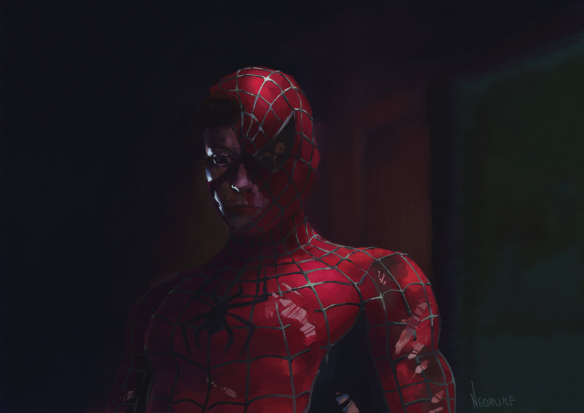 1boy, absurdres, artist_name, bodysuit, brown_eyes, brown_hair, english_commentary, frown