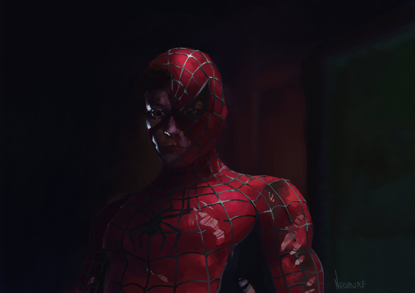 1boy, absurdres, artist_name, bodysuit, brown_eyes, brown_hair, english_commentary, frown
