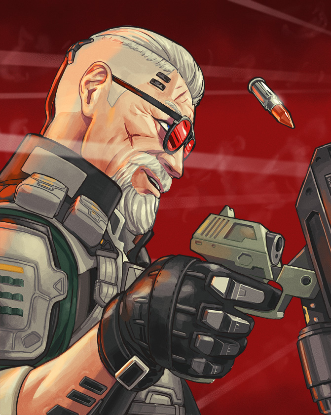 1boy, apex_legends, armor, ballistic_(apex_legends), beard, black_gloves, bullet, cyborg