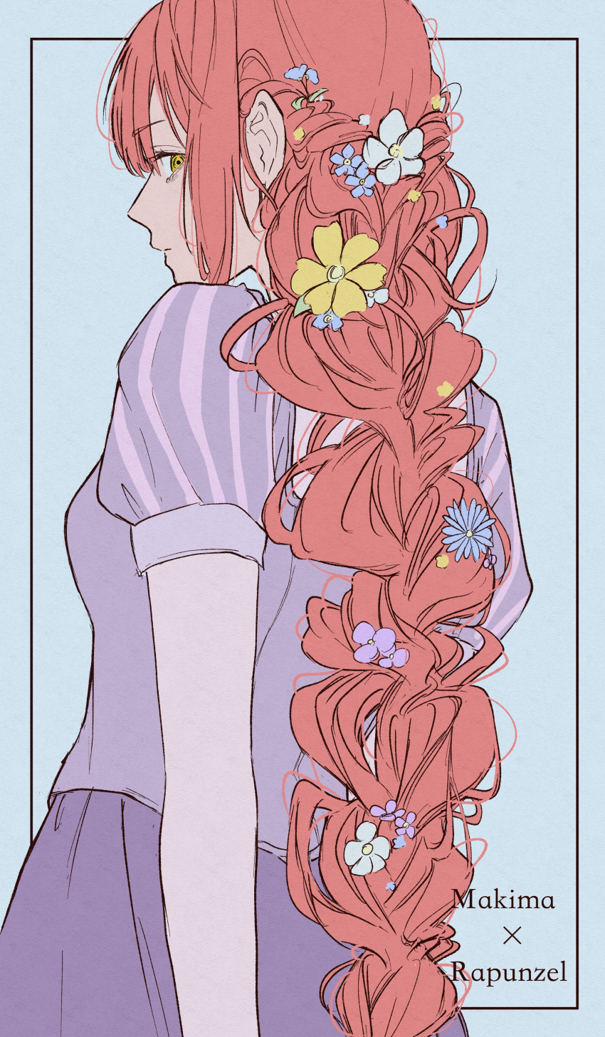 1girl, absurdres, blue_flower, braid, chainsaw_man, closed_mouth, cosplay, flower