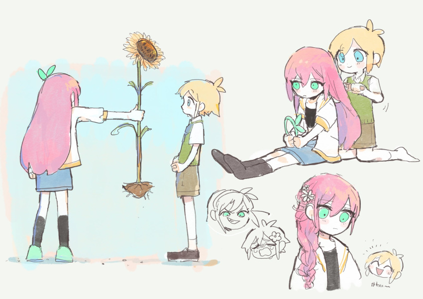1boy, 1girl, ^_^, alternate_hairstyle, aubrey_(faraway)_(omori), aubrey_(omori), basil_(faraway)_(omori), basil_(omori)