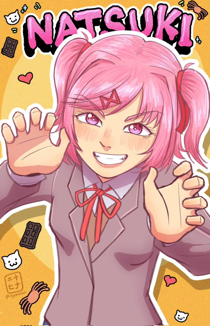 1girl, artist_name, blazer, blush, bob_cut, bow, bowtie, breasts, brown_sweater_vest, bug, candy, cat_symbol, character_name, chocolate, chocolate_bar, claw_pose, collared_shirt, commentary, corrupted_twitter_file, doki_doki_literature_club, dress_shirt, english_commentary, eyelashes, film_grain, food, grey_jacket, grin, hair_ribbon, hands_up, heart, highres, imminent_tickling, incoming_attack, jacket, lips, looking_at_viewer, motion_lines, natsuki_(doki_doki_literature_club), naughty_face, neck_ribbon, nijuhinaa, nose, nose_blush, outline, parted_lips, pink_eyes, pink_hair, pink_lips, red_bow, red_bowtie, red_ribbon, ribbon, romaji_text, school_uniform, shirt, short_hair, signature, small_breasts, smile, solo, sparkle, spider, standing, sweater_vest, swept_bangs, thick_eyebrows, translated, twitter_username, two_side_up, upper_body, v-shaped_eyebrows, white_outline, white_shirt, yellow_background
