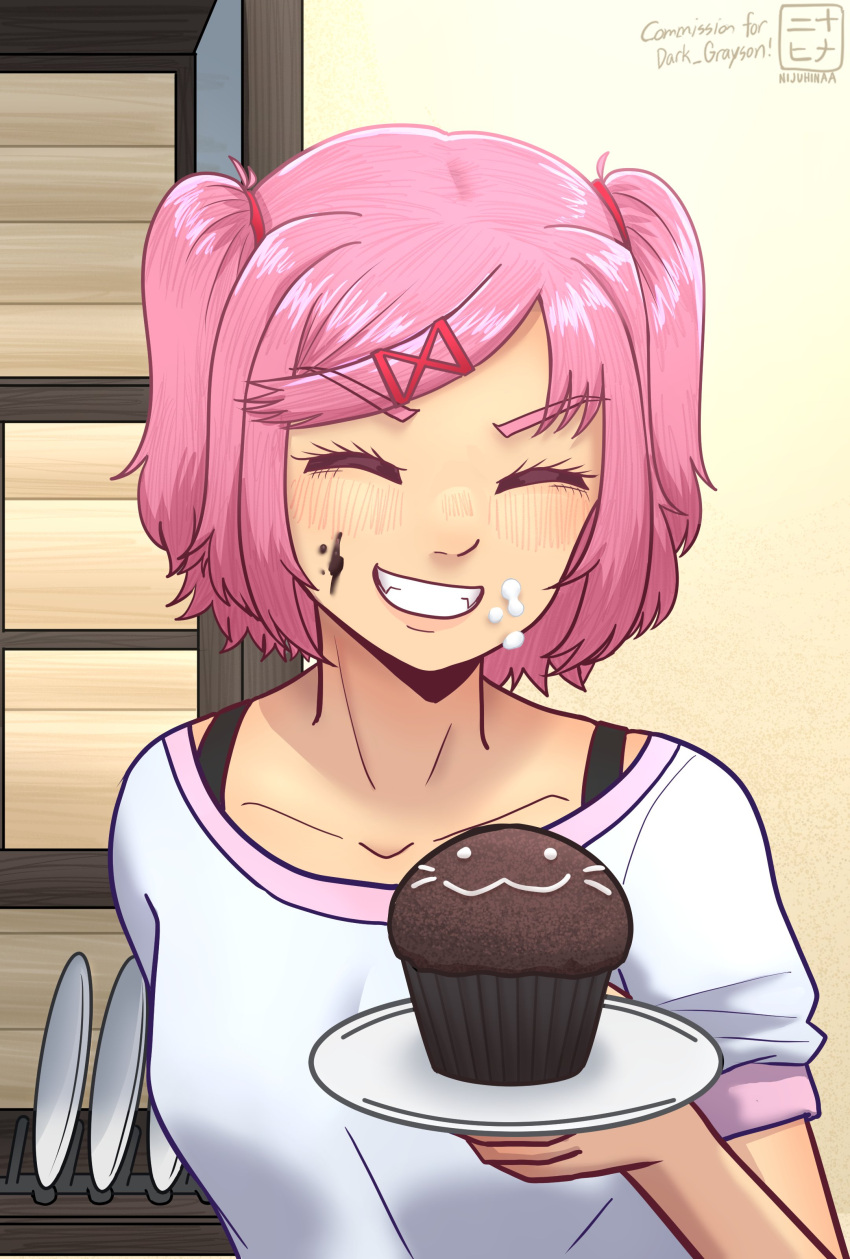1girl, :3, :d, absurdres, artist_name, blush, bob_cut, breasts, chocolate, chocolate_icing, chocolate_on_face, close-up, collarbone, commission, commissioner_name, counter, cupcake, dish_rack, doki_doki_literature_club, drawn_whiskers, eyelashes, facing_viewer, food, food_on_face, grin, hair_ornament, hair_ribbon, happy, highres, holding, holding_food, holding_plate, icing, incoming_food, indoors, kitchen, lips, messy, natsuki_(doki_doki_literature_club), nijuhinaa, nose, nose_blush, parted_lips, pink_hair, pink_lips, pink_trim, plate, portrait, red_ribbon, ribbon, shelf, shirt, short_hair, short_sleeves, signature, small_breasts, smile, solo, swept_bangs, t-shirt, thick_eyebrows, translated, two_side_up, upper_body, v-shaped_eyebrows, white_shirt, x_hair_ornament