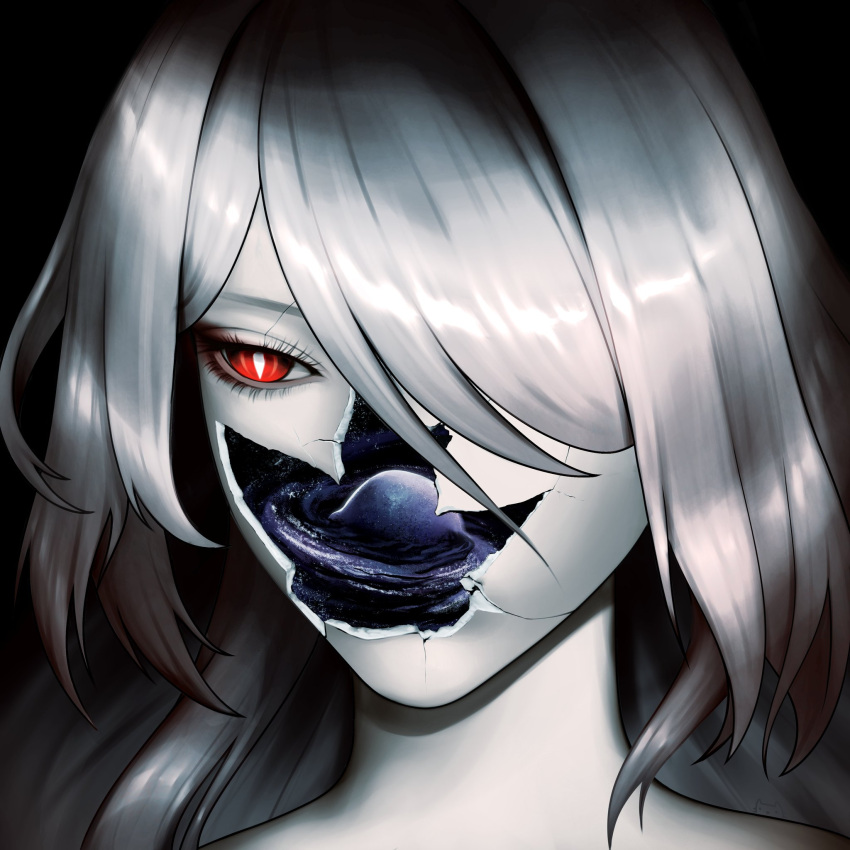 1girl, acheron_(honkai:_star_rail), artist_logo, bright_pupils, commentary, cracked_skin, english_commentary, hair_over_one_eye