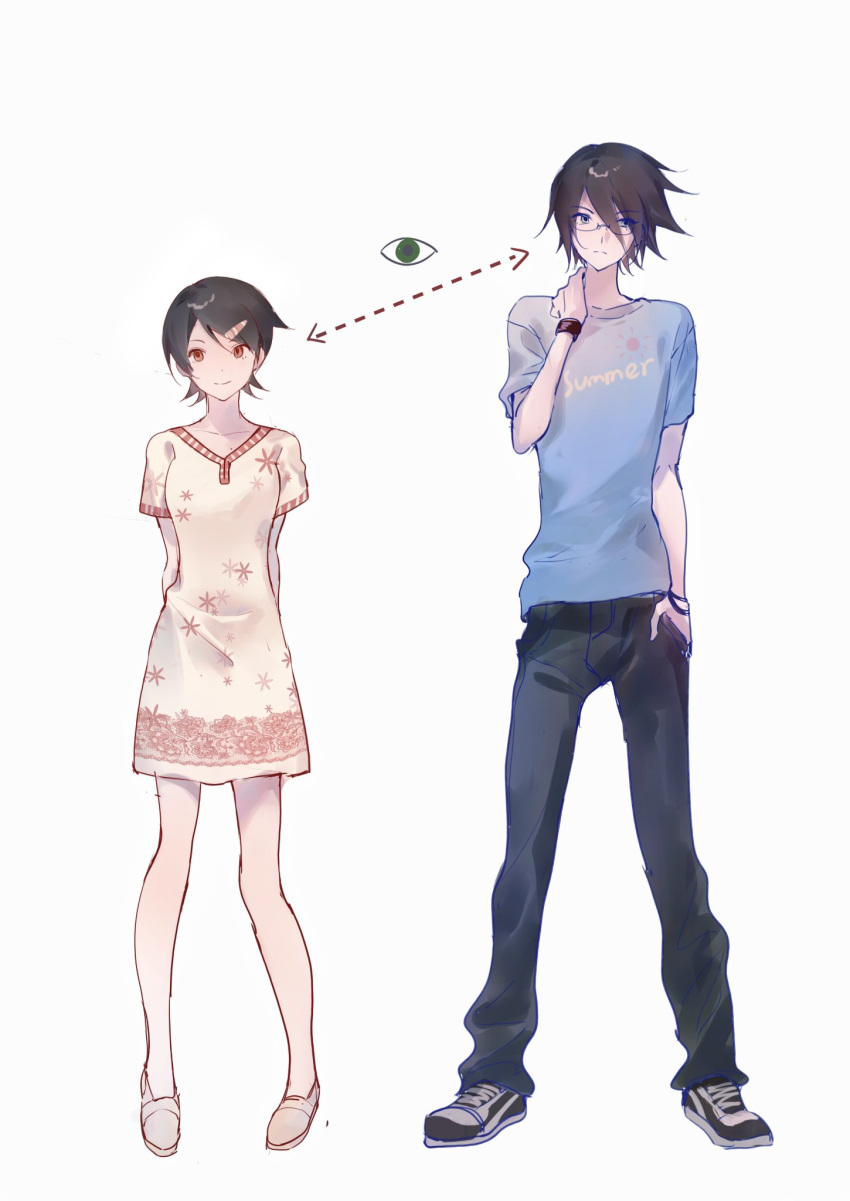 1boy, 1girl, age_difference, arm_at_side, arms_behind_back, arrow_(symbol), averting_eyes, black_footwear