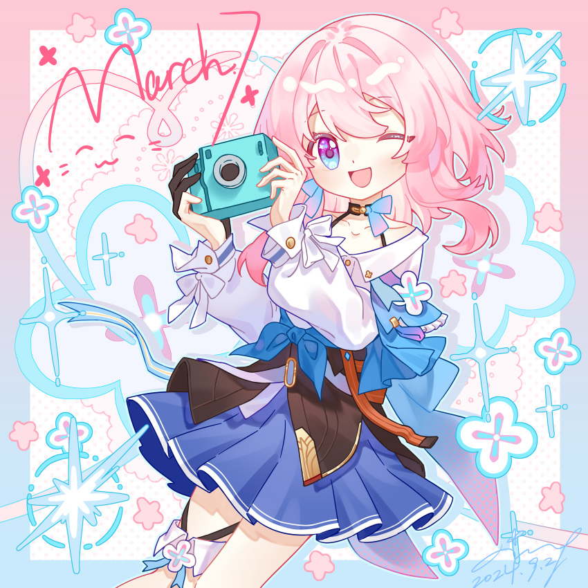 1girl, absurdres, black_choker, black_gloves, blue_border, blue_eyes, blue_skirt, border