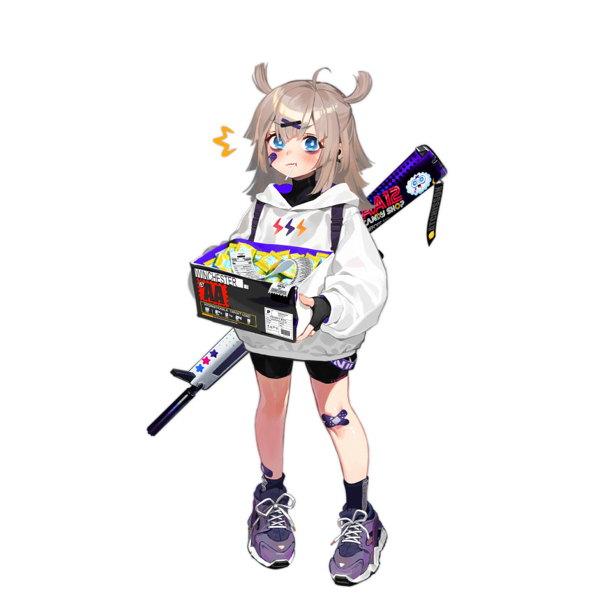 1girl, ^^^, aa-12, aa-12_(candy_wrapper_story)_(girls'_frontline), aa-12_(girls'_frontline), aged_down, ahoge, bags_under_eyes, bandaid, bandaid_on_knee, bandaid_on_leg, bike_shorts, black_gloves, black_shirt, black_shorts, black_socks, blue_eyes, blush, box, candy, company_name, fingerless_gloves, food, food_in_mouth, full_body, girls_frontline, gloves, gun, gun_decal, hair_between_eyes, hair_ornament, highres, holding, holding_box, hood, hood_down, hoodie, kishimen_hair, light_brown_hair, lightning_bolt_symbol, lollipop, long_sleeves, looking_at_viewer, medium_hair, official_alternate_costume, official_art, purple_footwear, receipt, shirt, shoes, shorts, shotgun, silverwing, simple_background, sneakers, socks, solo, star_(symbol), striped_clothes, striped_socks, sweatdrop, third-party_source, transparent_background, turtleneck, turtleneck_shirt, two-sided_hoodie, two_side_up, vertical-striped_clothes, vertical-striped_socks, weapon, white_hoodie, winchester_repeating_arms_company, wrapped_candy, x_hair_ornament